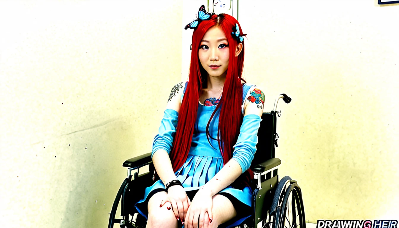 Uhd, photo of Cami, subject: Noriko, 1/2 Japanese 1/2 Hainu skinny girl with long red hair in a 2/00 large wheelchair, blue+++ eyes, oval face, LGBTQIA+, queer, punk style, dressed in colors, buttefly hairclip, tattooes. She is in the hospital, ((having I.V on arm. drawing her blood.)).