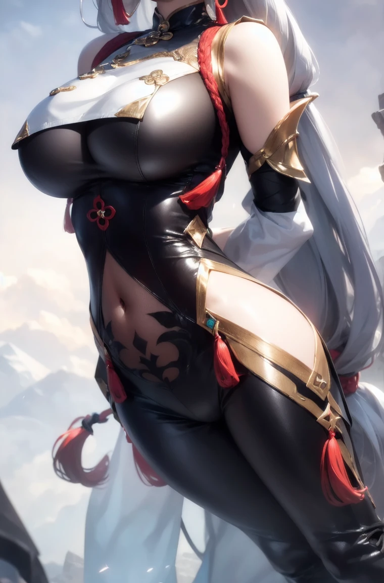 extremely detailed CG unity 8k wallpaper,best quality,realistic,world masterpiece,(highres, ultra detailed,8K),(extreme low camera),1girl,solo,pale skin,perfect body,glossy skin,killer,shenhe \(genshin impact\),(hair over one eye),long hair,tassel,gloves,breast curtain,(black bodysuit),bodysuit,tassel earrings,(close-up photo:1.1),(supergiant breasts:1.3),(arms behind back),white hair,(hair decoration),(hair ornament), looking at viwer, full body,