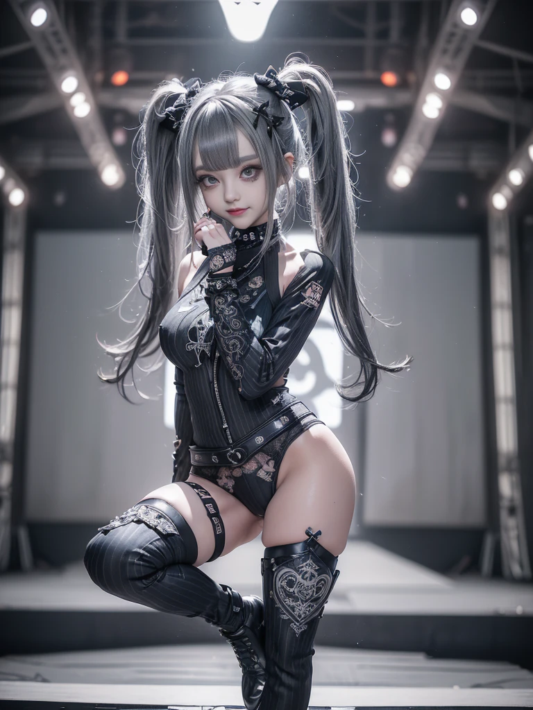 (Full Body View:1.5)、(lotus position:1.4)、(Smiling with teeth showing:1.3),(Shibuya Gal:1.5)、(Gothic ta style fashion:1.5)、(Punk RockVisual Kei:1.5)、(Wearing a rhythmic gymnastics bodysuit with intricate details:1.4)、(Racing suit and pants with intricate decorations in white, denim and charcoal:1.5)、(Denim and light blue and white boots:1.3)、((belt))、(Numerous delicate logo marks all over the costume:1.4)、(collar:1.3)、(Striped underwear:1.5)、20-year-old、NSFW、((Highest quality、In 8K、masterpiece:1.3))、Sharp focus:1.2、(Layered Cut、Huge boobs:1.1),Beautiful woman with perfect figure:1.4、(Dancing vigorously:1.3)、Slender Abs:1.2、Highly detailed face and skin texture、Detailed eyes、double eyelid,(Twin tails:1.3)、(Dark silver hair:1.3)、Gravure idol、(The background is the stage of the fashion show:1.3)、(Slim body:1.3),(Make your legs thinner:1.4),(clavicle:1.1)、(Thin and slim thighs:1.3)