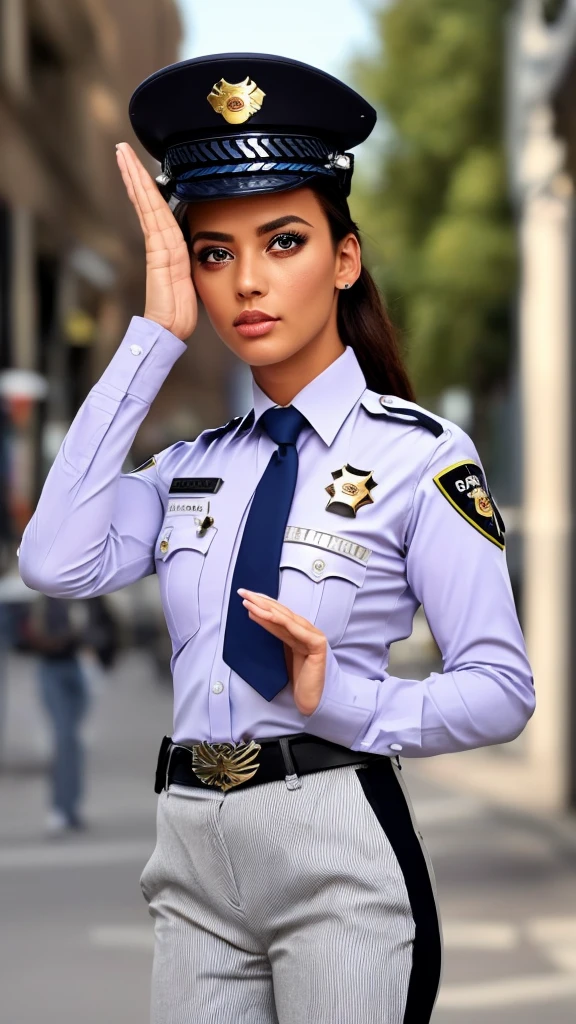 1girl, solo, detailed skin, ultra realistic 8k cg, picture-perfect face, flawless, clean, masterpiece, professional artwork, famous artwork, cinematic lighting, cinematic bloom, ((beautiful eyes)), intricate iris, (((perfect hands))), (extremely detailed background), ((dynamic background)), beautiful detailed girl, beautiful detailed nose, light on face, looking at viewer,(outdoors, street, police station, police car:1.1), cchana, long hair, brown hair, whisker markings, police hat, white headwear, (police uniform, striped necktie, blue shirt, collared shirt, breast pocket, long sleeves, white gloves, belt, black pants), CorruptA, corruption, mind control, pink eyes, (growing eyes:1.3), (cameltoe), (standing, salute),
