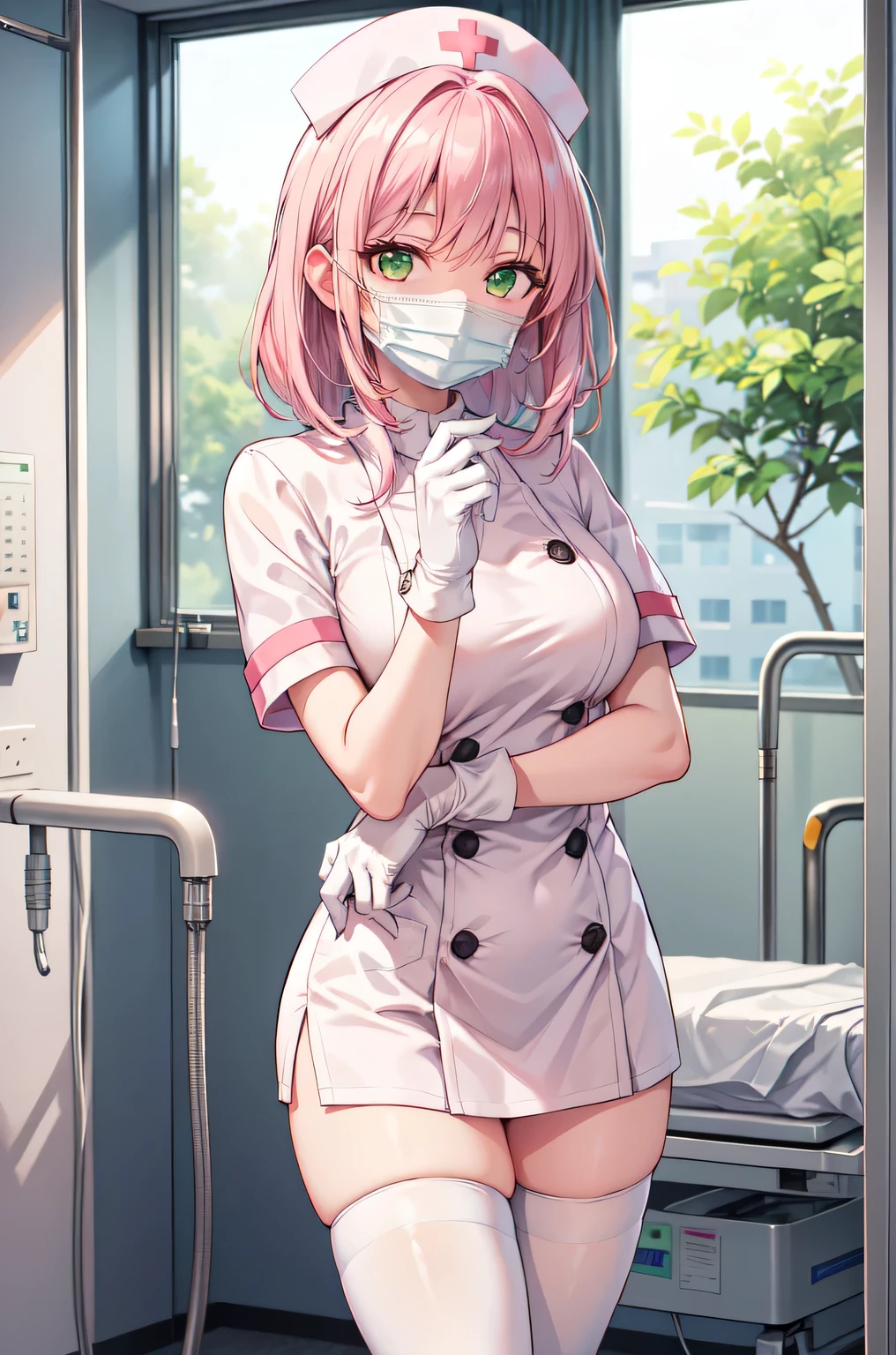 1woman, solo, nurse, white nurse cap, white nurse uniform, ((white legwear, zettai ryouiki)), white gloves, pink hair, green eyes, drooping eyes, ((white surgical mask, covered nose)), standing, ((hospital room)), sharp outline, short sleeves, mature female, 32 years old, best quality, masterpiece