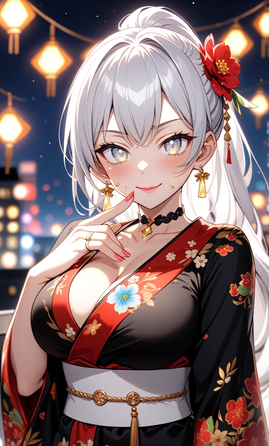 ((One personの女性)), Beautiful Face,Laughing shyly,((Wink:2.0)),Laugh with your mouth wide open((Bright red cheeks:1.4)),Glossy pink lips,night,rooftop,Festive decorations,You can see the ocean, firework,Laughing with your mouth open,Glossy pink lips,Lighting on the face,((Anime style background)),masterpiece, Highest quality, so beautiful,Latest, Complex details, (Pink long nails),(ring),(bracelet),(choker),AI-generated, Complex,High resolution, Highest quality, super high quality,3D Images、View your viewers、3D Images,One person,Long white hair,High Ponytail,(blue eyes),Anime woman posing for a photo, ((Fine grain、Silvery white colorful eyes、Shining Eyes:1.4)),(Squint your eyes:1.1),a hyperRealistic , hyperRealistic , Realistic,Anime woman with long and white hair, Smooth anime CG art, A woman in a colorful kimono with gold embroidery, (Black long sleeve kimono),Red floral pattern,Long flower hair ornament,Big earrings,Mature Body,(Big Breasts:1.1),Tall,Abdominal muscles,Narrow waist,(Zoom in on face:2.1),(Tilt the angle:1.5),