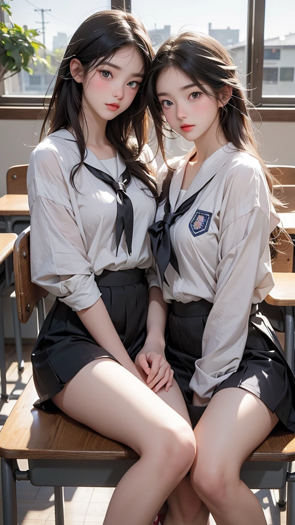 A beautiful high school girl who is half French and half Japanese、Anyway, her face is beautiful、Beautiful blue eye color、Beautiful long, straight, bright blonde hair、Please wear sailor uniforms, which are typical of Japanese school uniforms.。Next to him is a Japanese male high school student.。The high school boy has a dark appearance, black hair, and very long bangs.。The background is a high school classroom。The two of them sit at desks next to each other in a classroom at school.。There are two desks and chairs in the classroom.、Both of them are sitting on chairs and taking classes.。Please make sure to depict the two of them sitting side by side in class.。