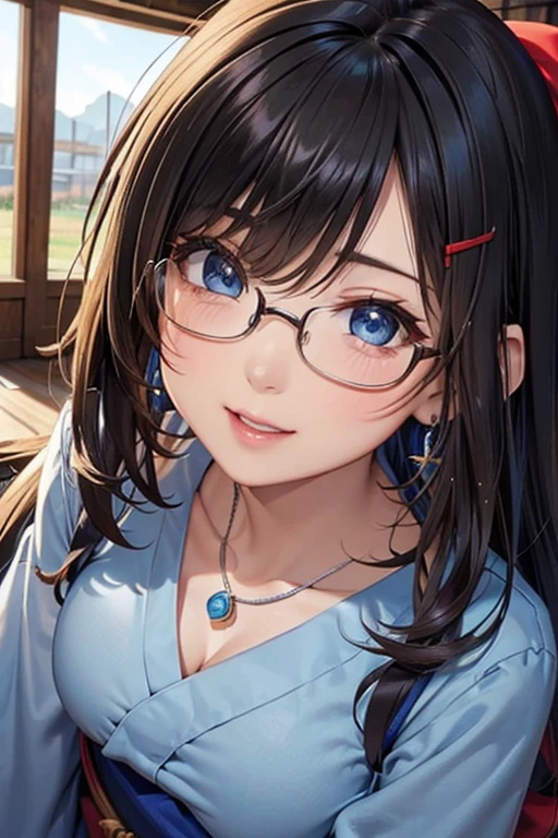 #Basics A girl is posing for a photo, animeのかわいい女の子, (((One Girl, , 16 years AK 

#Clothing Accessories 
(Light blue yukata : Sunflower motif + Red band + Long sleeve + Wide sleeves, geta, Black Frame Glasses, fan), 
(big silver necklace, Silver earrings, Hair clip), 
BREAK 

#Features 
(Black Hair:1.4, Chest-length sideburns:1.4 + Curly hair:1.4, Big ponytail : Hair blowing in the wind + Very long hair + Curly hairで横に広がるボリュームのある髪 + Outwardly curled hair), 
(Droopy eyes,blue eyes), (Small breasts), 
BREAK 

#expression 
(smile), 
#background environment 
((noon, Sunshine + shrine + Rural landscape)), 
#composition 
(Face the viewer:1.4, Aggressive Pose:1.4, whole body:1.4), 
BREAK 

#Body parts elements 
(Beautiful Hair,Shiny Hair), 
(double eyelid, Long eyelashes), 
(Expression of fine eyes, Beautiful and delicate eyes, Sparkling eyes, Eye Reflexes), 
(Human Ear), 
(Beautiful Nose, Thin Nose), 
(Glossy lips, Beautiful Lips, Thick lips), (Symmetrical facial features), 
(Detailed skin, Textured skin, Beautiful Skin), 
BREAK 

#Quality 
(((Highest quality)), ((masterpiece)), ((Very detailed))), ((High resolution), (16k,1080p)), 
(Realistic), (Anatomically correct), 
((comics, anime)), (3DCG), CG illustration,
