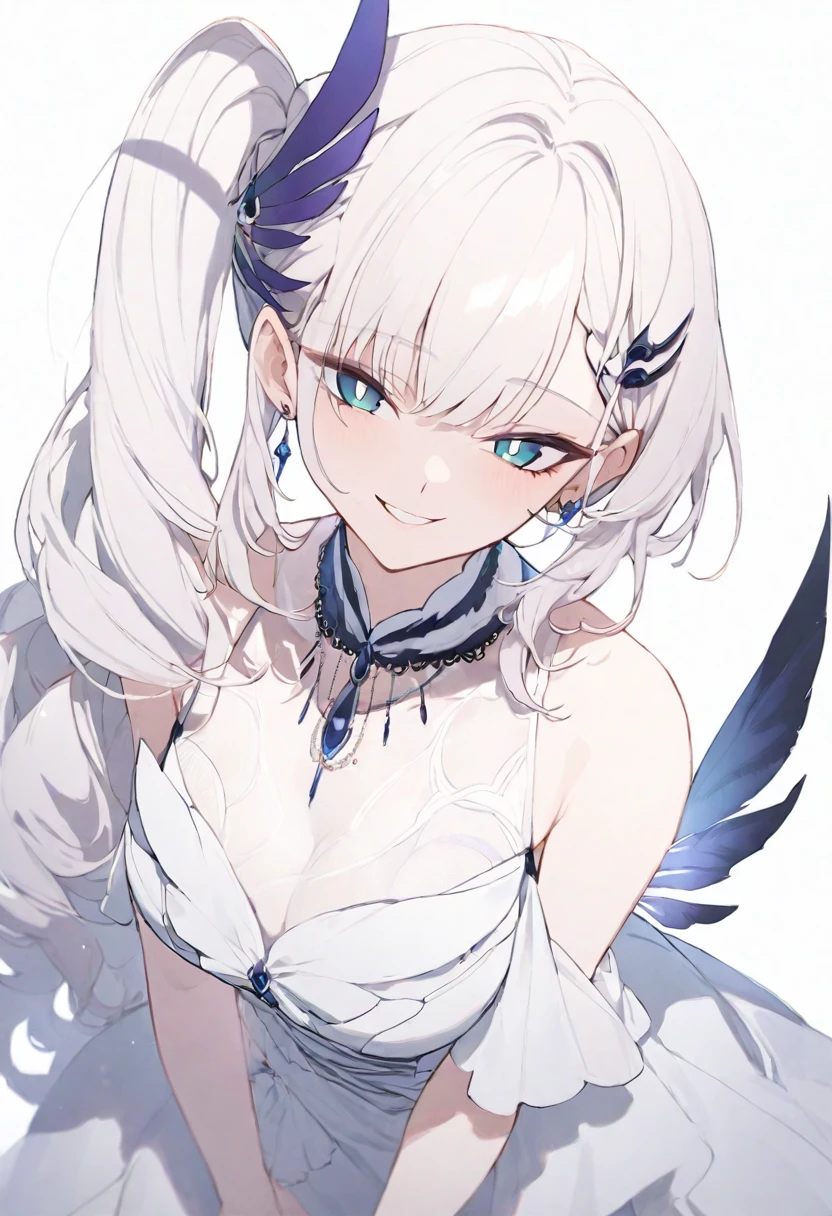 (masterpiece), (best quality), perfect face, beautiful girl, white background background, delicate and beautiful face and eyes, dark intense shadow, 
1 girl, vtuber style, cool girl, hololive, PavoliaReine, bright pupils, long hair, side ponytail, feather hair ornament, Gorgeous evening dress Ruffles dress, lace, necklace, big chest, cropped shoulders, clavicle, winking, smile, bare feet, chest visible through clothes, ass visible through thighs, (full body), looking at viewer, standing, 