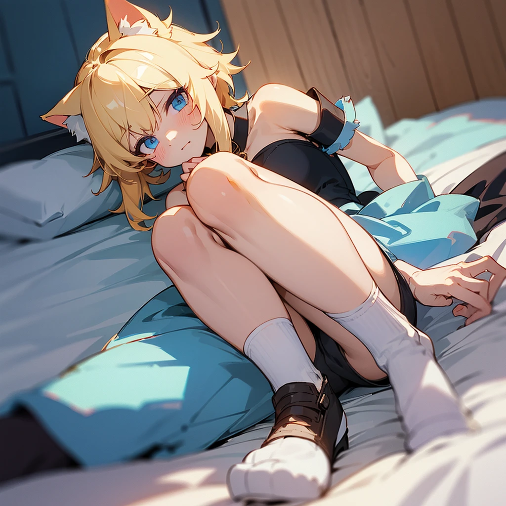 A boy on bed have yellow blonde hair blue eyes cat ears white socks