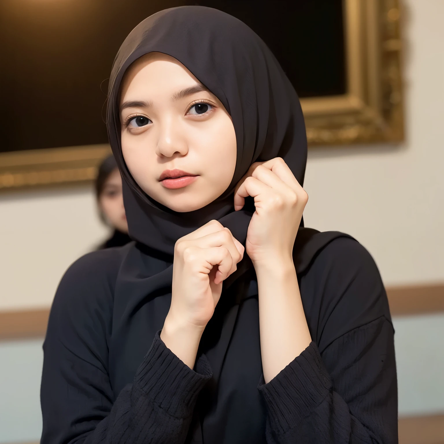 1girl, RAW photo of a 24 year old girl wearing hijab, Masterpiece, 16k, high Resolution, Ultra high Quality, super detailed background, beautiful lighting, brown hijab, solo, park, close up, Hands down, looking at viewer, gedung sate background, gasibu,