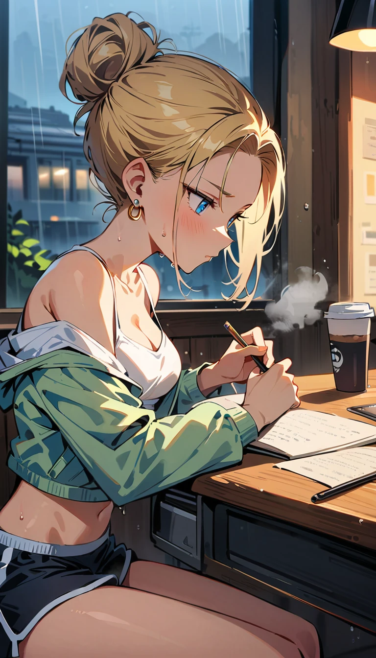 (masterpiece, best quality:1.2), solo, Android 18 from Dragon Ball, ((white slip-on crop top)), ((black dolphin shorts)), (light gray hooded crop jacket), thighs, midriff, small breasts, sweat, blonde hair, (single hair bun), ((blue eyes)), earrings on earlobes, slender feminine figure, narrow waistline, skinny body, long legs, studying, rain, cleavage, off shoulder, magnificent view, blur background, 4K, light blush, breath, gray new balance sneakers, indoors, chill, cafe, desk, hot coffee, Stormy,