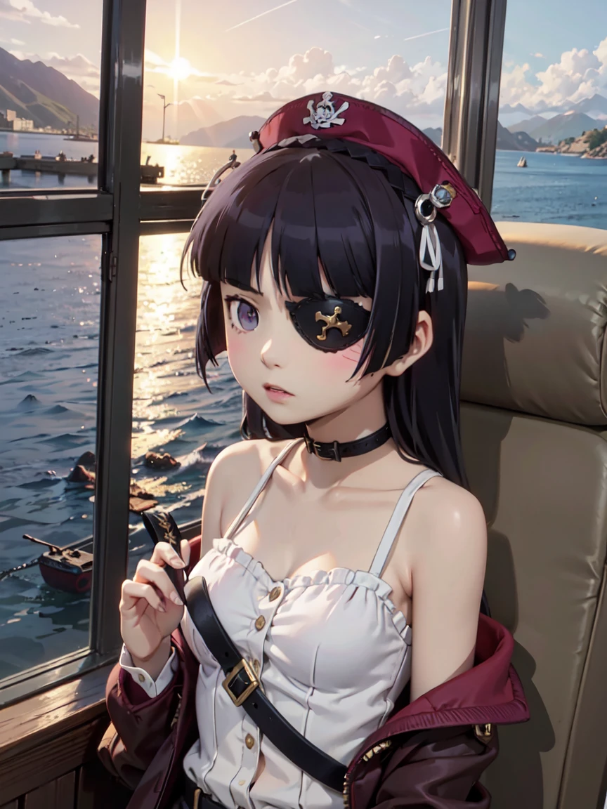 (Eye patch), One Girl, Hime cut, (ruri gokou), Illuminated by the setting sun、Female pirate captain standing against a golden sea background。Eye patchをつけた彼女は、Staring at the sea and holding a sword。An elegant and charismatic scene。
, pirate, pirate hat, deck, coat, bare shoulder,