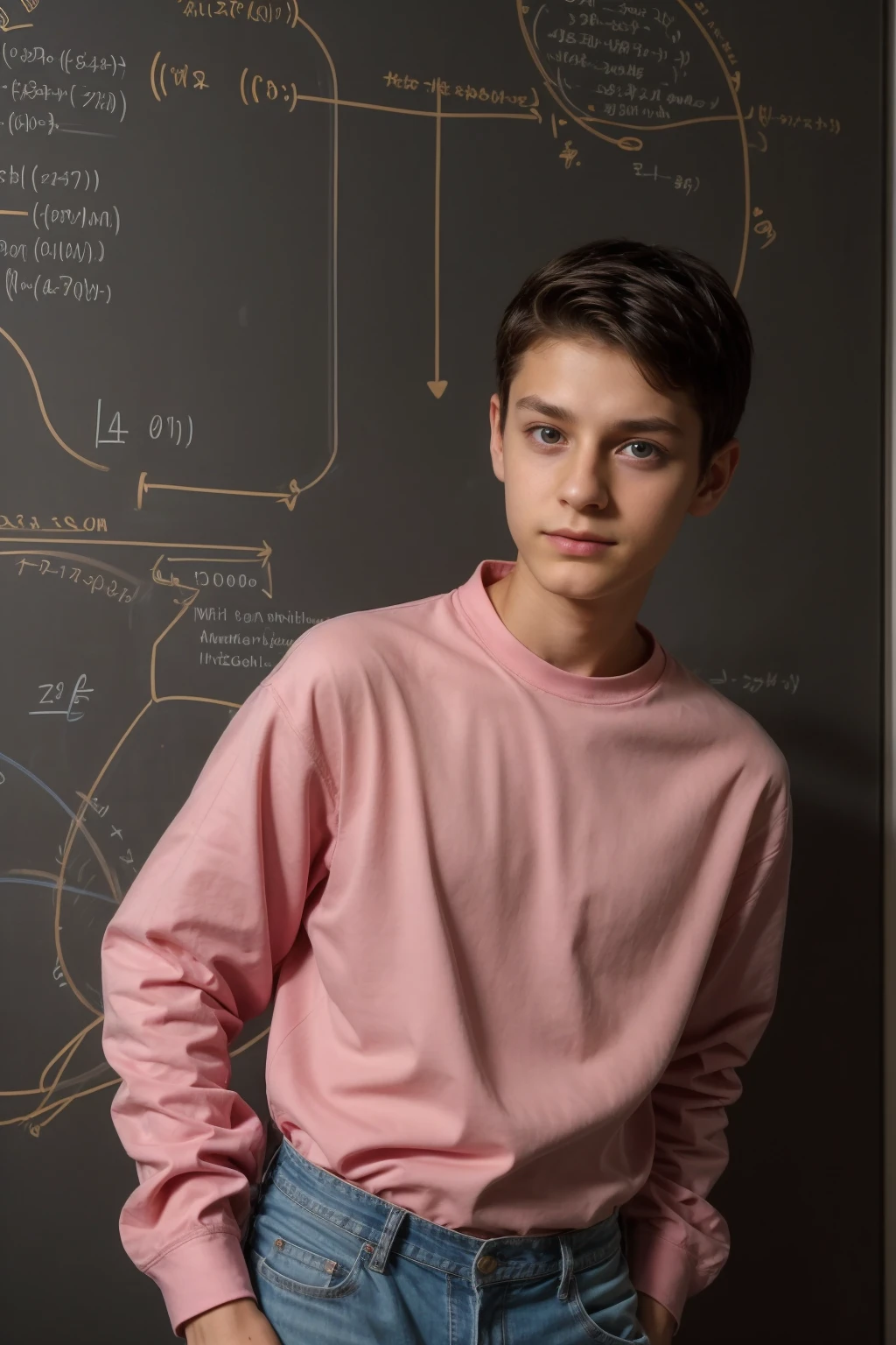 A cute, beautiful twink male young man with a face with makeup and black hair. He is wearing a long-sleeved, pink shirt and aqua blue pants. He is in his scientific office, sitting with medical scientific books next to him, and behind him is a blackboard with calculus written on it. Neon waves emerge from the blackboard. The scientific desk is a medical model looking on proudly.