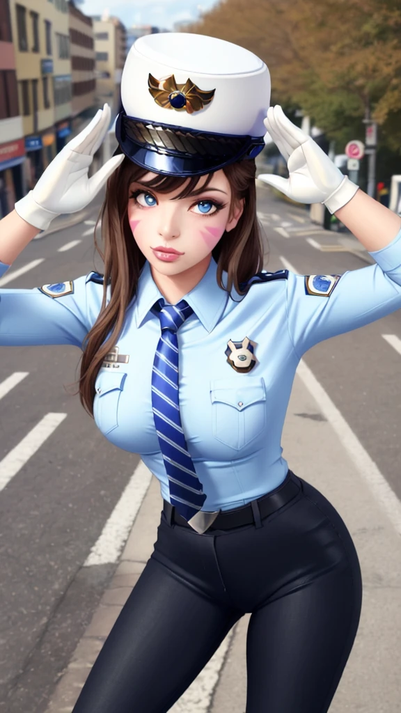 score_9, score_8_up, score_7_up, 1girl, solo focus, officerdva, d.va (overwatch), hat, blue striped necktie, white gloves, high waisted skirt, bodycon pencil skirt, stockings,  pink whiskers, kneeling, fellatio, blowjob, oral sex, penis in mouth, deepthroat, city downtown, long sleeves, high heels, (((blazer))), (((suit jacket))), epaulettes, formal, skirt suit