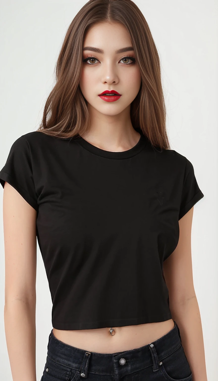 Long fringed hair with e-girl makeup with a Mayhem band t-shirt as it goes striped with black and red stripes glued on with lip tint eyes with eyeliner and super pale skin