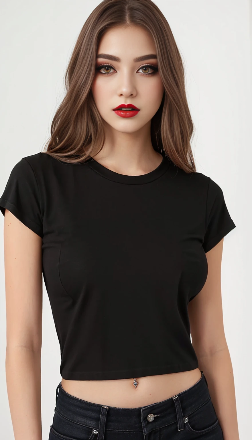 Long fringed hair with e-girl makeup with a Mayhem band t-shirt as it goes striped with black and red stripes glued on with lip tint eyes with eyeliner and super pale skin