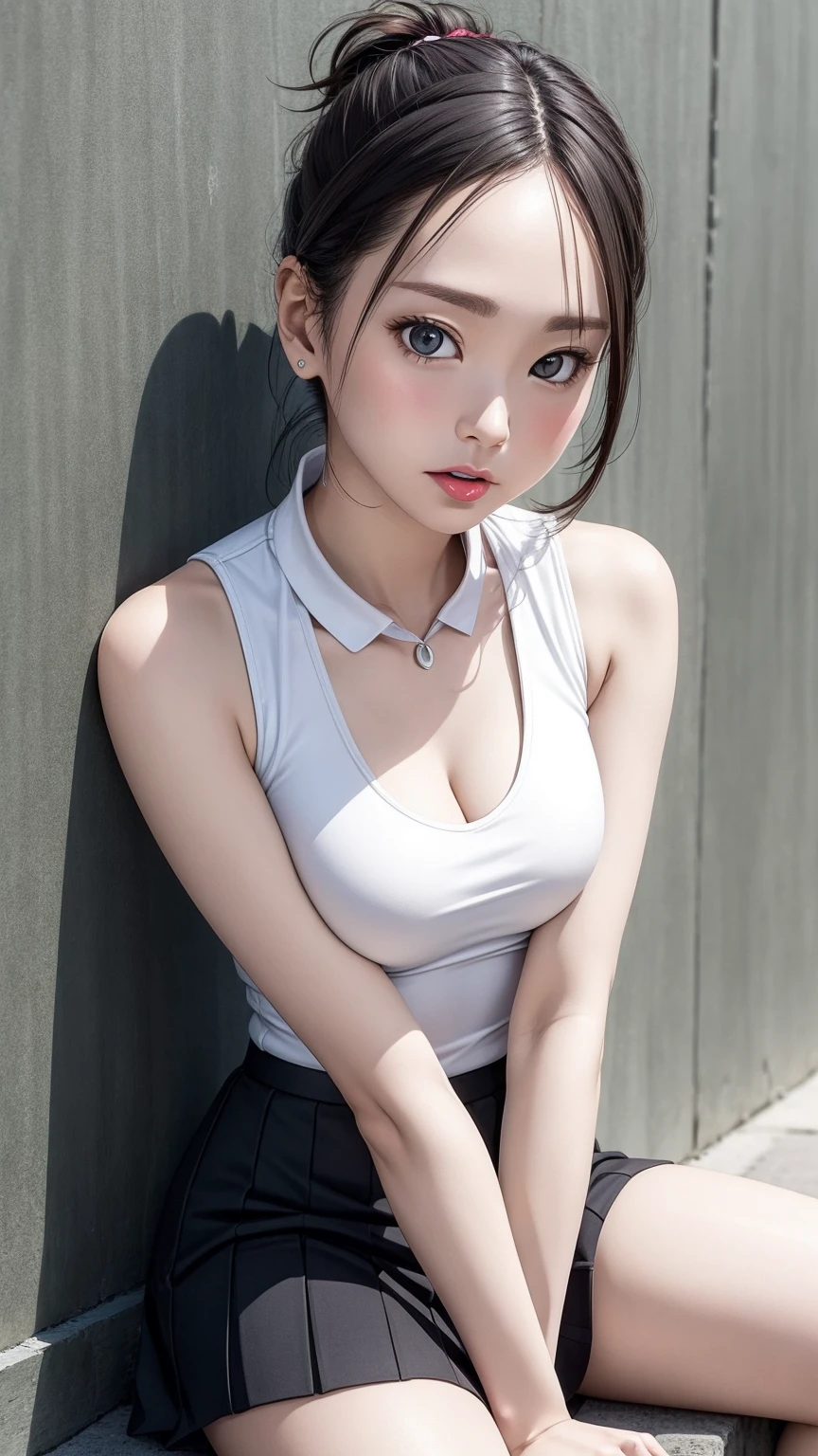 8K quality、High resolution、Realistic skin texture、High resolutionの瞳、woman、Sleeveless tennis wear、mini skirt、thin、リアルなwoman性器、Small and young breasts、Realistic tongue、Beautiful cleavage、Blonde ponytail、thin脚、Sweating profusely、Sweat accumulates in the chest、Sit down and lean against the wall、Bare legs with legs apart、woman器を手で触れる、first menstruation
