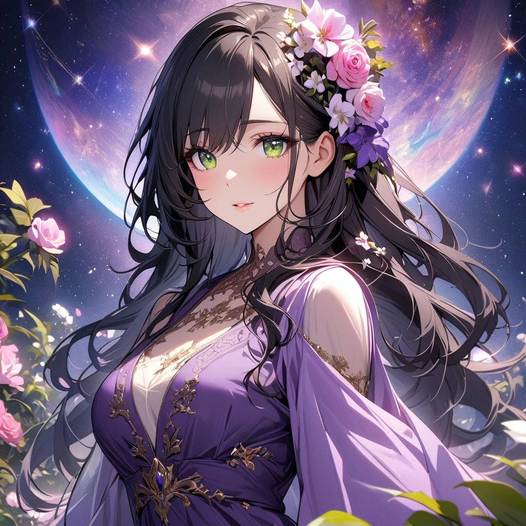 girl, beautifull, pretty, long hair, mature woman, beautiful purple dress, black hair, green eyes, super detail, flower on hair, gorgeous, universe backround, angel, beautiful eye, flowers, small eyes