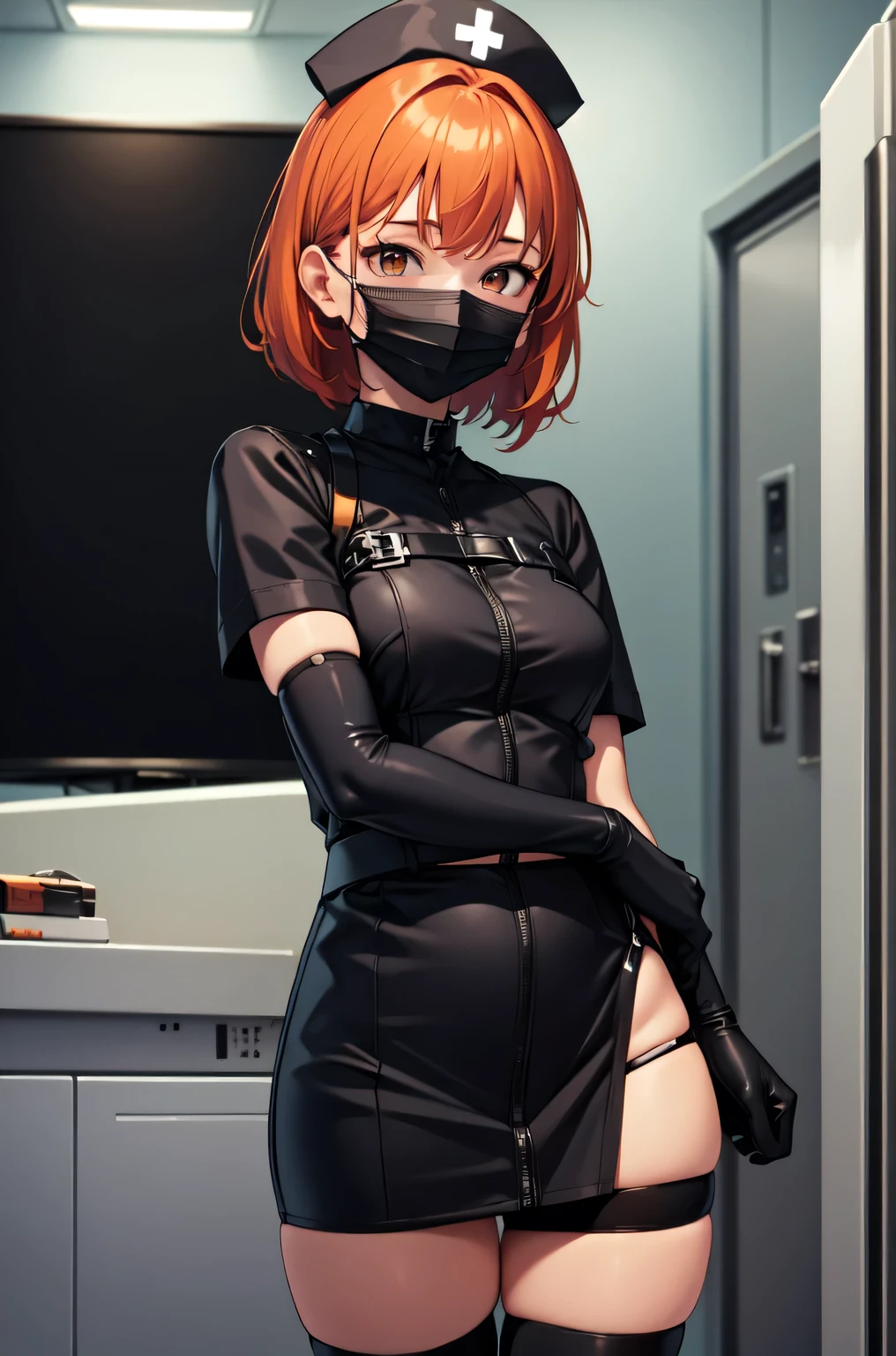 black nurse, 1girl, solo, black nurse cap, black nurse uniform, ((black legwear, zettai ryouiki)), black elbow gloves, very short hair, orange hair, ((black surgical mask, covered nose)), standing, ((surgery room)), sharp outline, short sleeves, tomboy, boyish, best quality, masterpiece