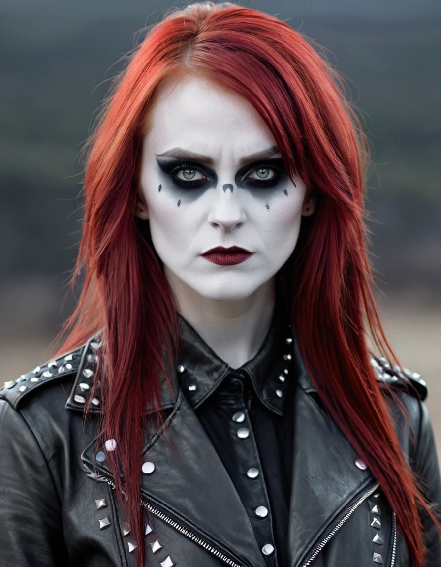 a female character, long hair with trimmed bangs, red colored hair. The background is greyish white. The character's face is confident, with pale skin and corpse paint. She wears a dark-colored leather jacket with studs. 