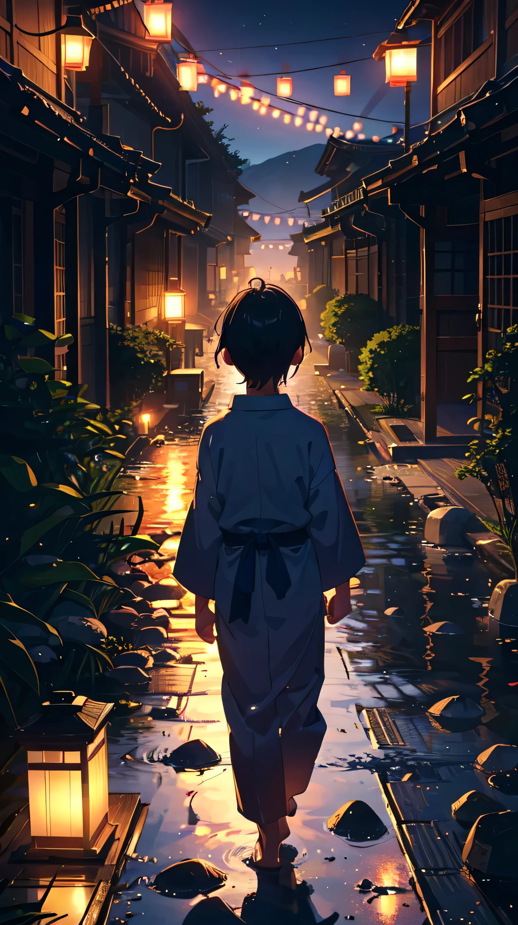 Summer festival, row of lanterns, Japanese,  in Navy blue yukata, dusk，Back view，Gravel road