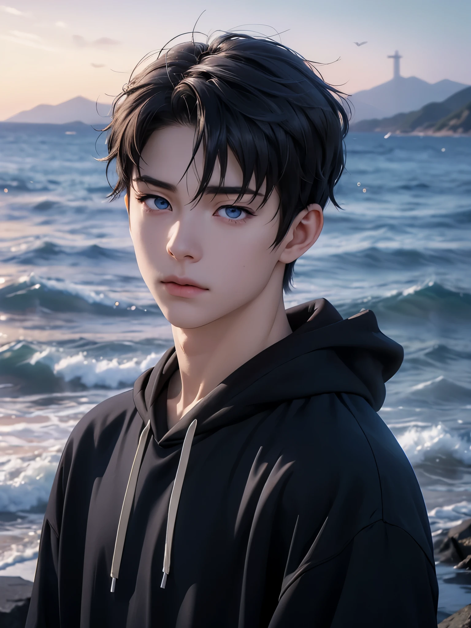 photorealistic, masterpiece, 8K, HD, portrait, closing up on face, intricate details, soft lighting, absurdres, realistic anime style, yuzuru hanyu, a handsome japanese boy, student, 15 years old, cute, gentle, wistful gaze, melancholic, timid, detailed face, ocean blue eyes, dark eyes, balanced eyes, detailed eyes, looking at the sky, looking up, wearing hoodie and shirt, casual wear, fair skin, pale skin, slim, black hair, smooth hair, wavy hair, outdoors, dock, sea, waves, rocks, dawn, stars, constellation, cosmical, dreamy world, surrealism, ethereal