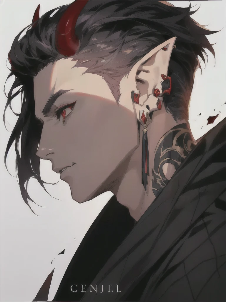 anime character with ear piercings and a black jacket, handsome guy in demon slayer art, a portrait of a male elf, handsome japanese demon boy, pale pointed ears, male anime character, a male elf, attractive humanoid, stunning anime face portrait, in the style of guweiz, demon horns, two dark red devil horns, two horns protruding from hair, large horns, striking appearance, masculine,  two horns sticking out from top of head, red eyes