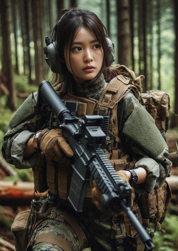 realistic military photo, 1 japanese woman in special forces, running through coniferous forest, engaged in gunfight, wearing full tactical gear, detailed equipment and accessories, bulletproof vest, wristwatch, military pants, realistic skin textures, hyperrealism, 8k, cinematic lighting, high action, giving orders, dynamic pose、