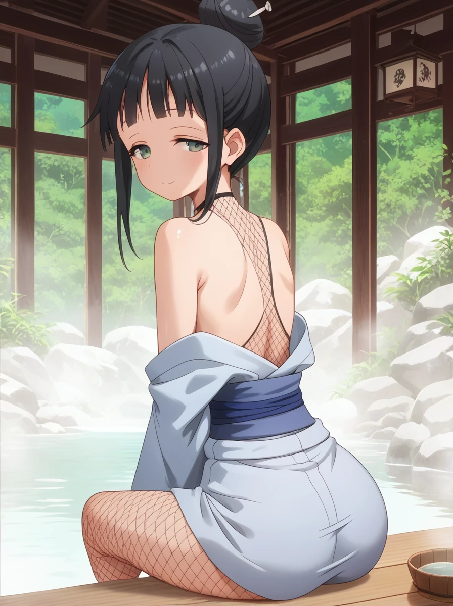 Score 9, Score 8 up, Score 7 up, The rating is questionable,
Detailed Background,
Mokuren, all of,
Wide Hips, Shiny skin,
A slight blush,  Half-closed eyes,
sit, look back, A light smile, 
hot spring, spa, vapor, kimono, Fishnet tights, , Off the shoulder,