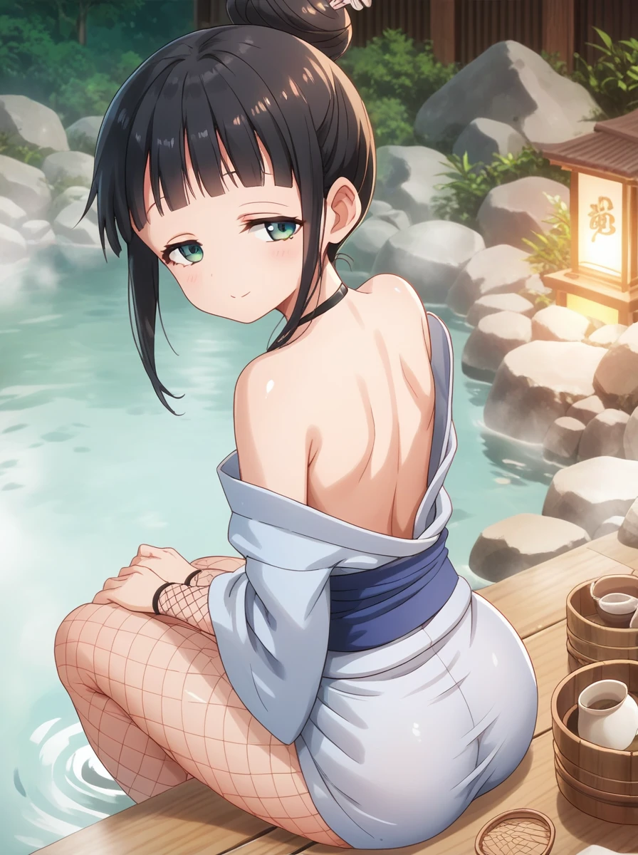 Score 9, Score 8 up, Score 7 up, The rating is questionable,
Detailed Background,
Mokuren, all of,
Wide Hips, Shiny skin,
A slight blush,  Half-closed eyes,
sit, look back, A light smile, 
hot spring, spa, vapor, kimono, Fishnet tights, , Off the shoulder,