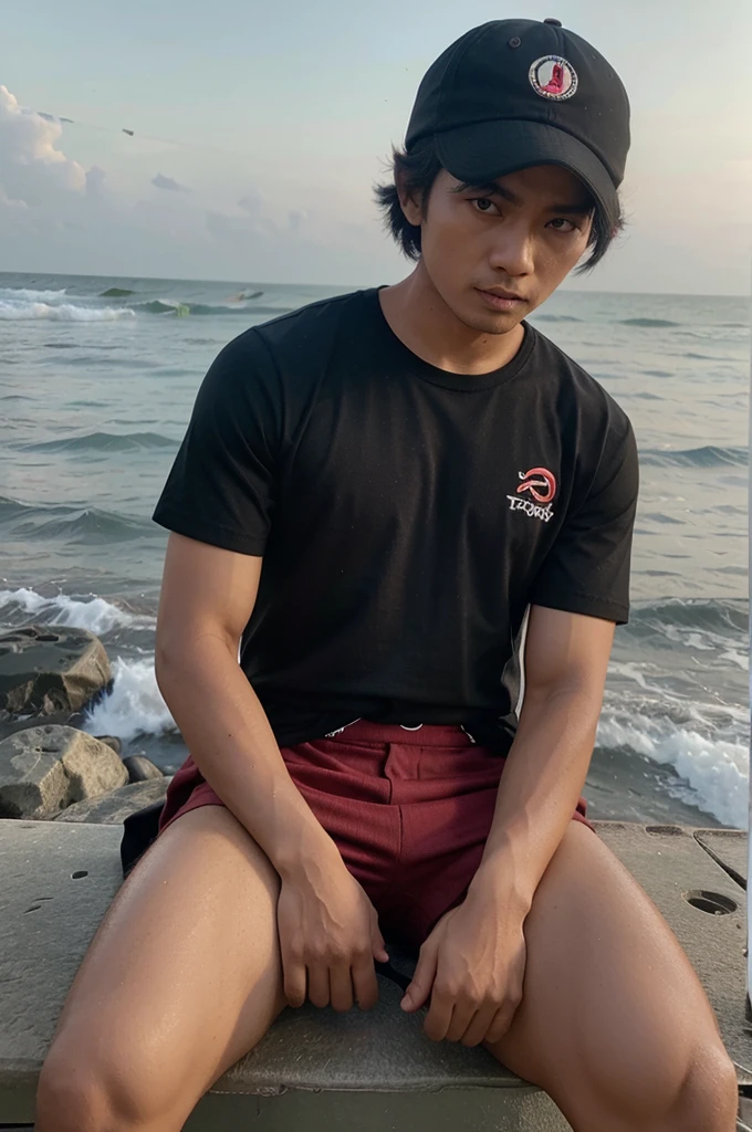 Lelaki tampan duduk di tepi pantai memakai baju kemeja putih, pake celana hitam, pake topi merah
