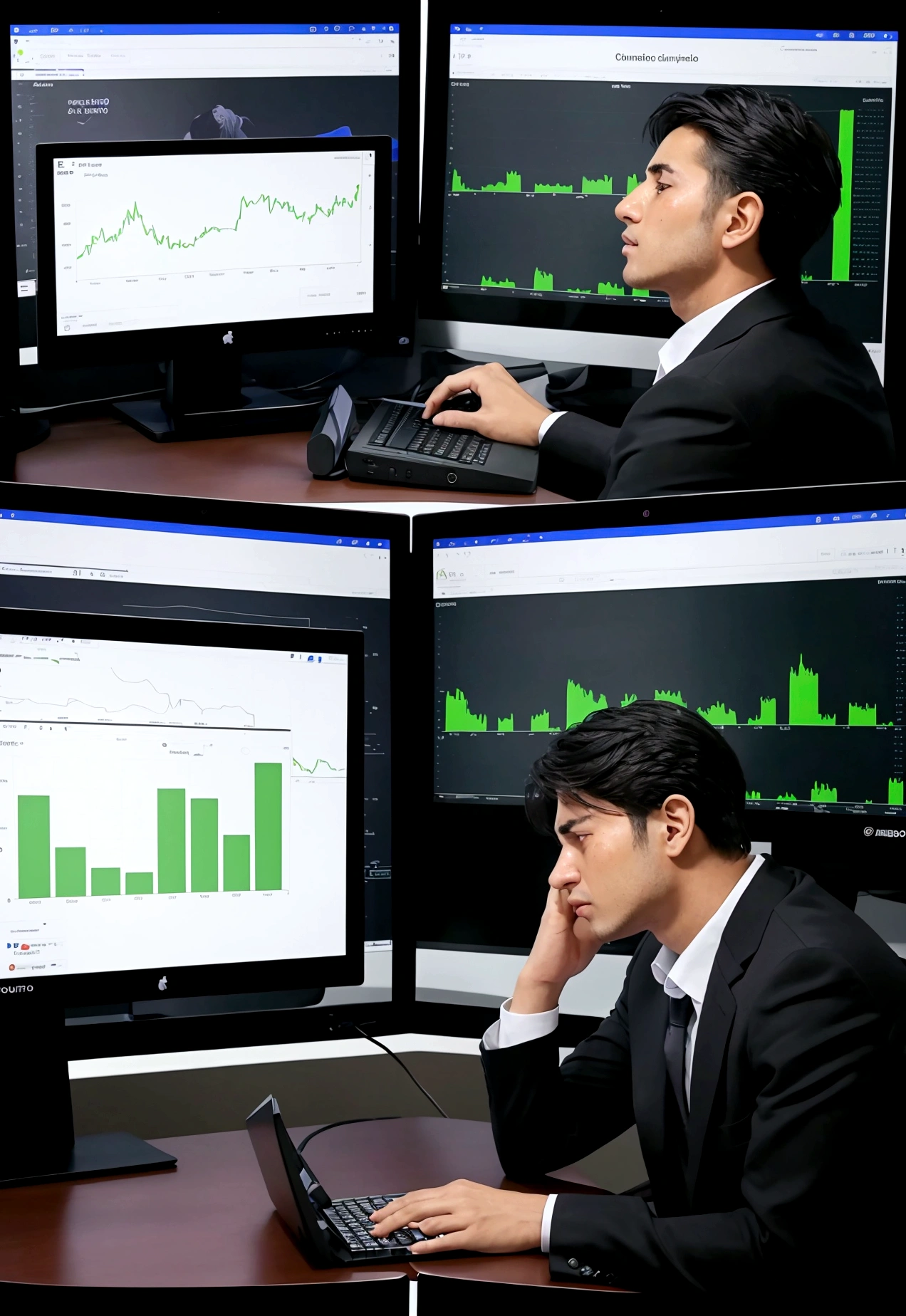 There is a man crying sitting at a table with two computer monitors, sentado em um computador, sentado em frente ao computador, olhando para o monitor, displaying stock charts, sentado em uma mesa de computador, na frente de um computador, negotiation, negotiation stocks,