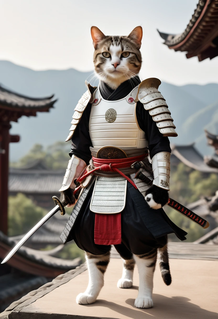 high quality, realistic, extradetalised, detailed, anthropomorphic cat samurai, in white armour, 
(((noght time, view from afar)))Brown Cat
