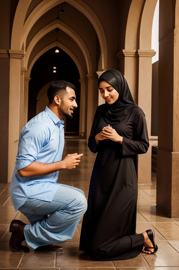 A Muslim man proposing to a Christian girl, simple background, storybook style