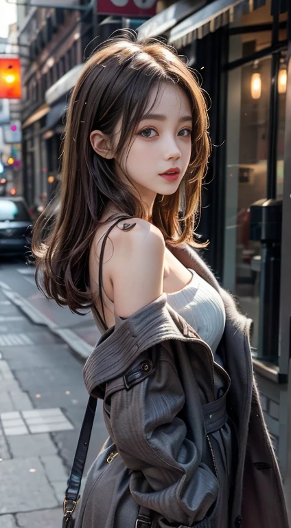 Bust photo,Gray Hair,Burgundy sweater,Super long hair,Exposed shoulders,Black trench coat