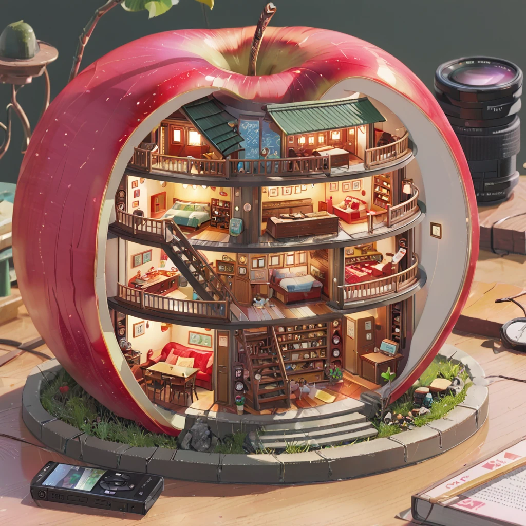 ((anime:1.4,illustration)),(masterpiece, top quality, best quality),(ultra-detailed, absolutely resolution),((16k, high res)),
(((a miniature of a model of a house inside an apple, incredibly detailed, a microscopic photo, photorealism))
((cosy lofi illustration:1.4)), ((anime:1.4, illustration)),(masterpiece, top quality, best quality),(ultra-detailed, absolutely resolution),((16k, high res)) BREAK {lofi art, style of Laurie Greasley, style of Makoto Shinkai, anime aesthetic}, BREAK { (produces images with information than 40 million pixels with cinematic-like detailed textures shot on a Sony SLR).}