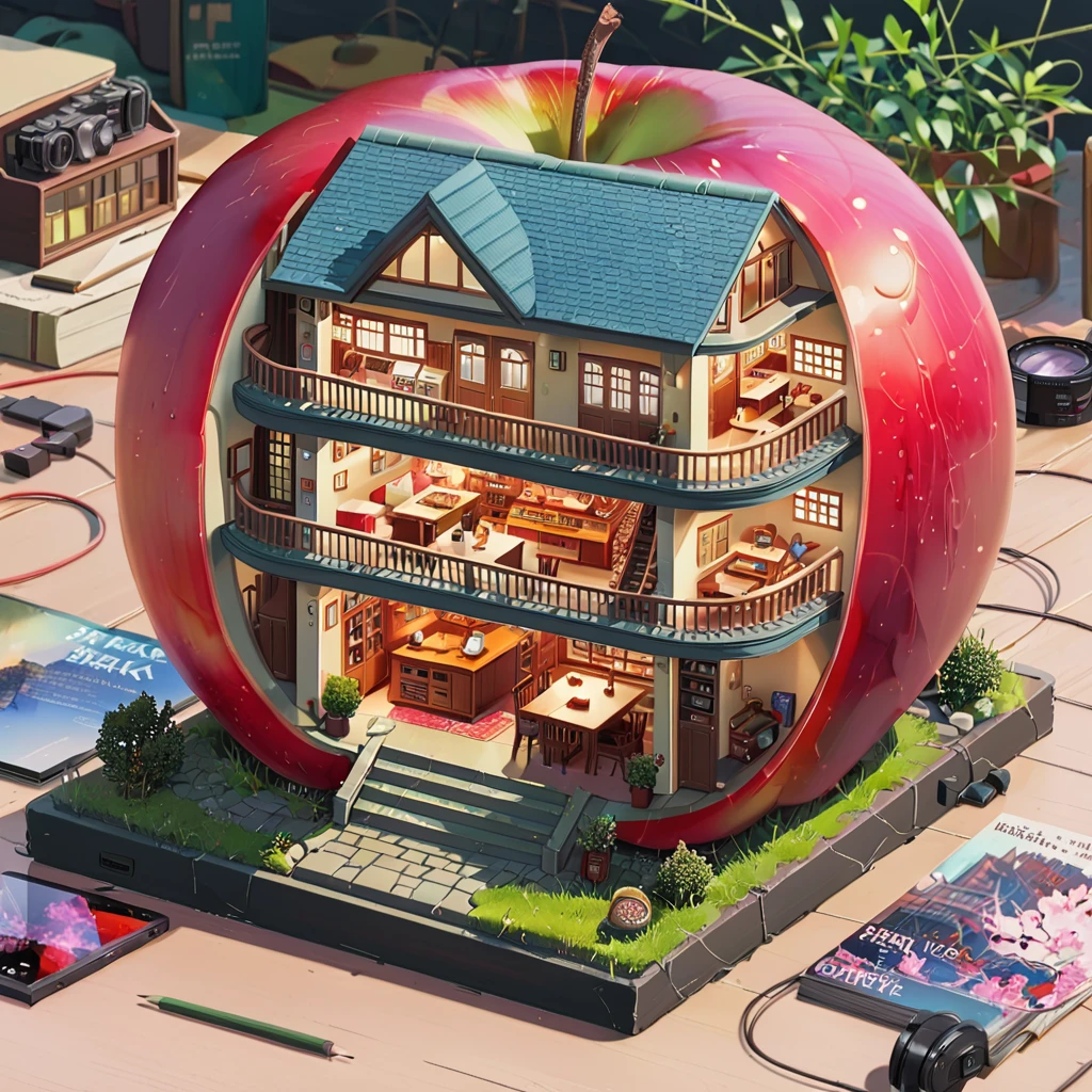 ((anime:1.4,illustration)),(masterpiece, top quality, best quality),(ultra-detailed, absolutely resolution),((16k, high res)),
(((a miniature of a model of a house inside an apple, incredibly detailed, a microscopic photo, photorealism))
((cosy lofi illustration:1.4)), ((anime:1.4, illustration)),(masterpiece, top quality, best quality),(ultra-detailed, absolutely resolution),((16k, high res)) BREAK {lofi art, style of Laurie Greasley, style of Makoto Shinkai, anime aesthetic}, BREAK { (produces images with information than 40 million pixels with cinematic-like detailed textures shot on a Sony SLR).}