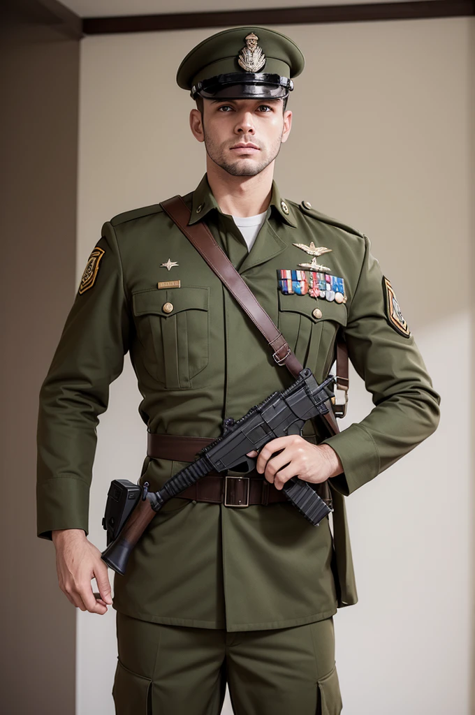 Homem branco usando roupa militar e arma longa