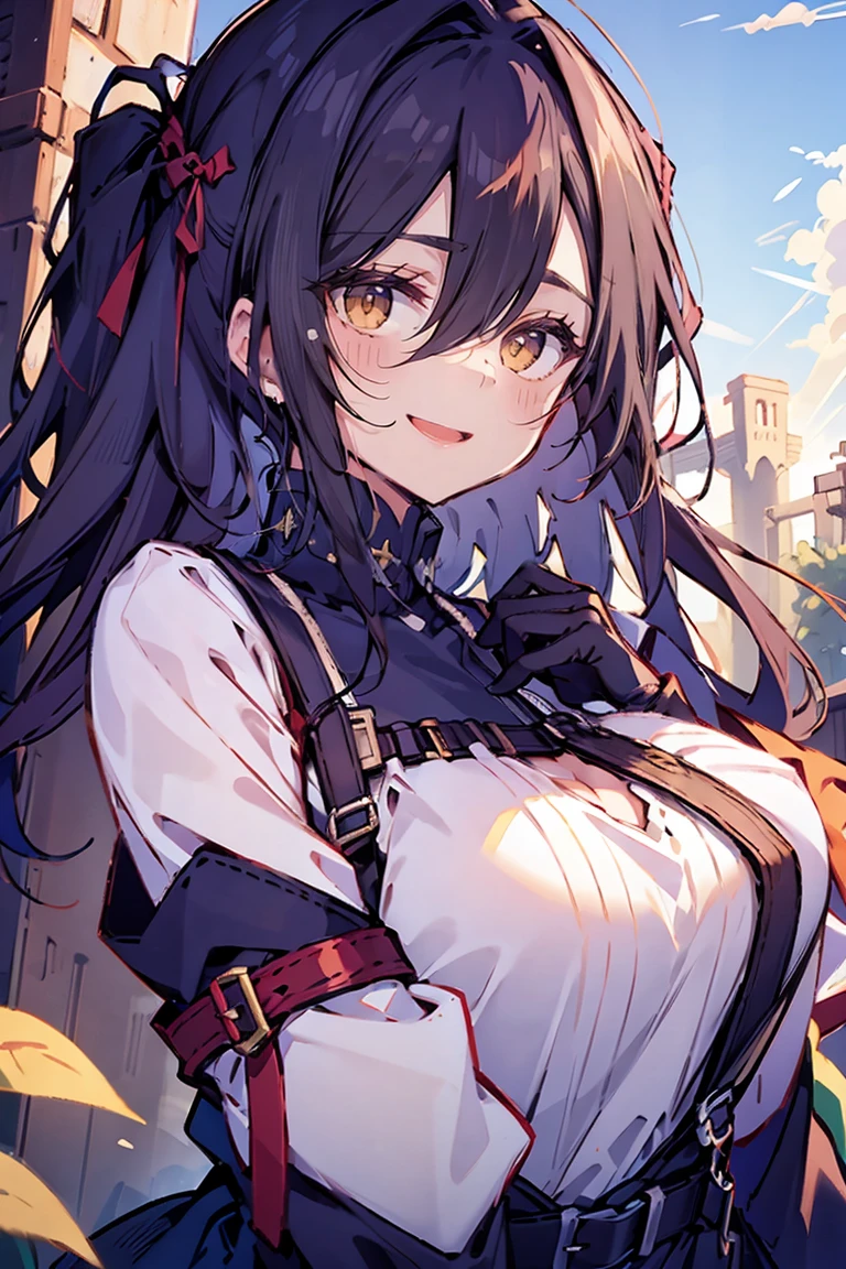 (masterpiece:1.2), (high quality:1.2), (hui xiyi:0.75), rekkyo sensen, rekkyou sensen, girls with((black hair, (tits cleavage:1.15), (waving is hands:1.2), (breasts close up:1.15), (suspenders:1.2), (dress:0.65), (blue clothes:1.05), (belts:0.7), (frills shirt:1.2), (white knit sweater:1.2), camisole, exposed breasts, straps, (cross:1.05), upper body, (white gloves:1.2), (long wavy hair:1.2), (one side up:1.2), nun, long sleeves, (perfect hands:1.05), (five fingers:1.05))), background with((fantasy world, ruin, castle, beautiful sky, shining sky, sunshine))