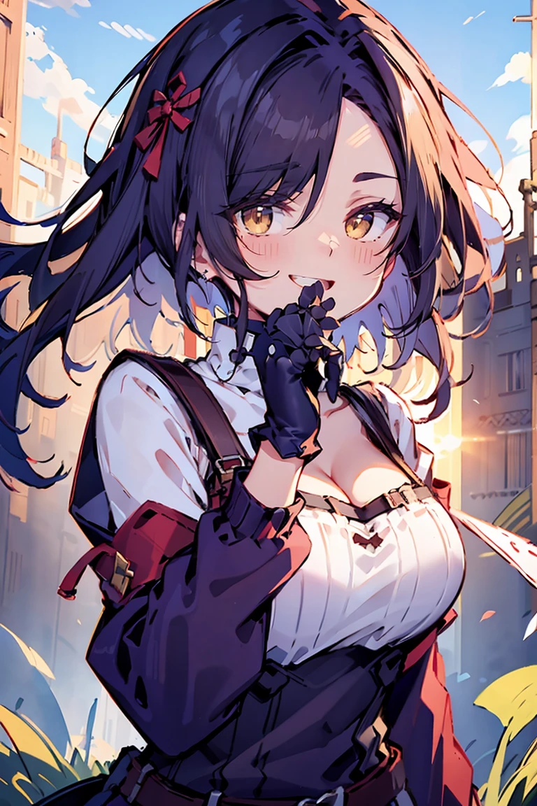 (masterpiece:1.2), (high quality:1.2), (hui xiyi:0.75), rekkyo sensen, rekkyou sensen, girls with((black hair, (tits cleavage:1.15), (waving is hands:1.2), (breasts close up:1.15), (suspenders:1.2), (dress:0.65), (blue clothes:1.05), (belts:0.7), (frills shirt:1.2), (white knit sweater:1.2), camisole, exposed breasts, straps, (cross:1.05), upper body, (white gloves:1.2), (long wavy hair:1.2), (one side up:1.2), nun, long sleeves, (perfect hands:1.05), (five fingers:1.05))), background with((fantasy world, ruin, castle, beautiful sky, shining sky, sunshine))