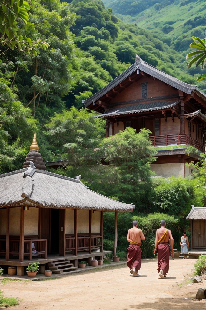 Imaginary Buddha with his followers in village arriving. The Village simple huts