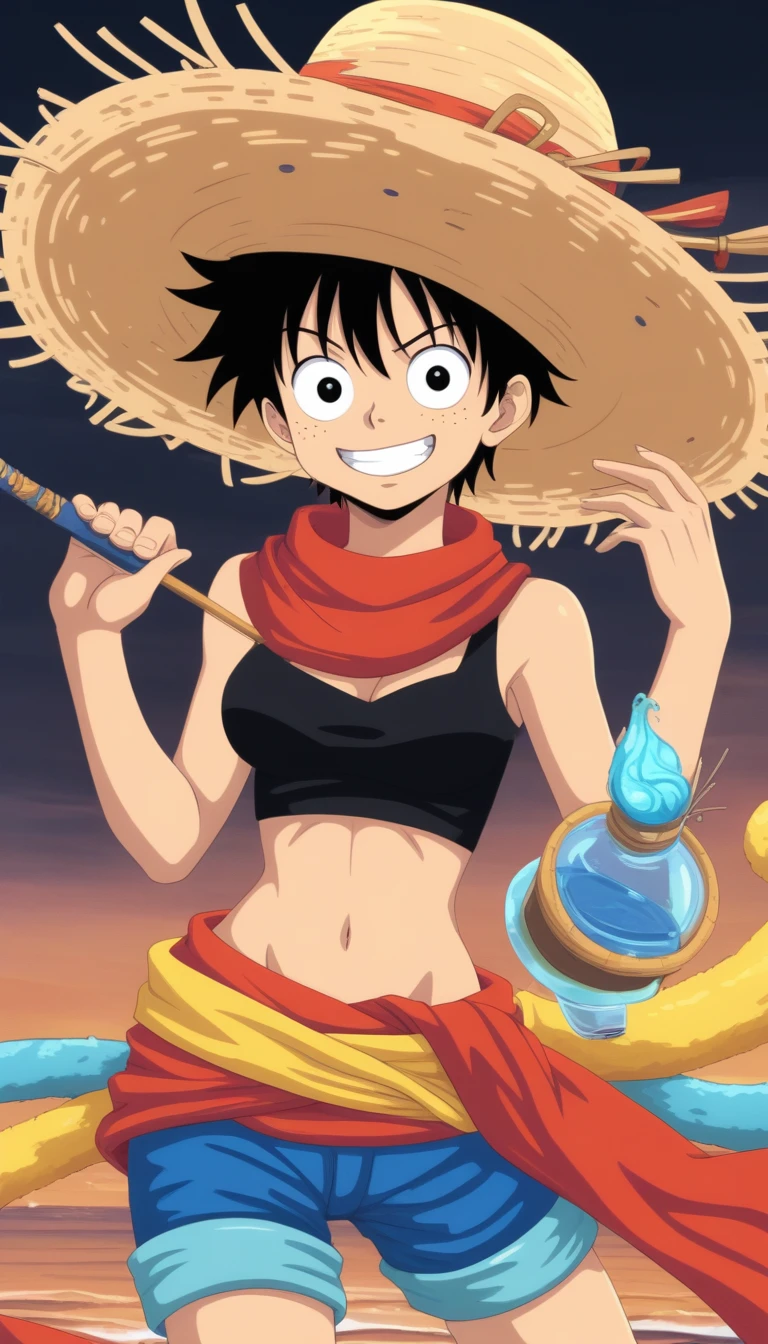 Monkey D. Luffy: The energetic captain of the Straw Hat Pirates.uffy: Dressed in a vibrant Indian dhoti and kurta.

The dhoti should be a playful color that reflects his personality, like orange or red.
The kurta can be white or a light contrasting color, with simple embroidery or patterns.
Add a playful detail like a colorful sash tied around his waist or a traditional Indian headwrap.