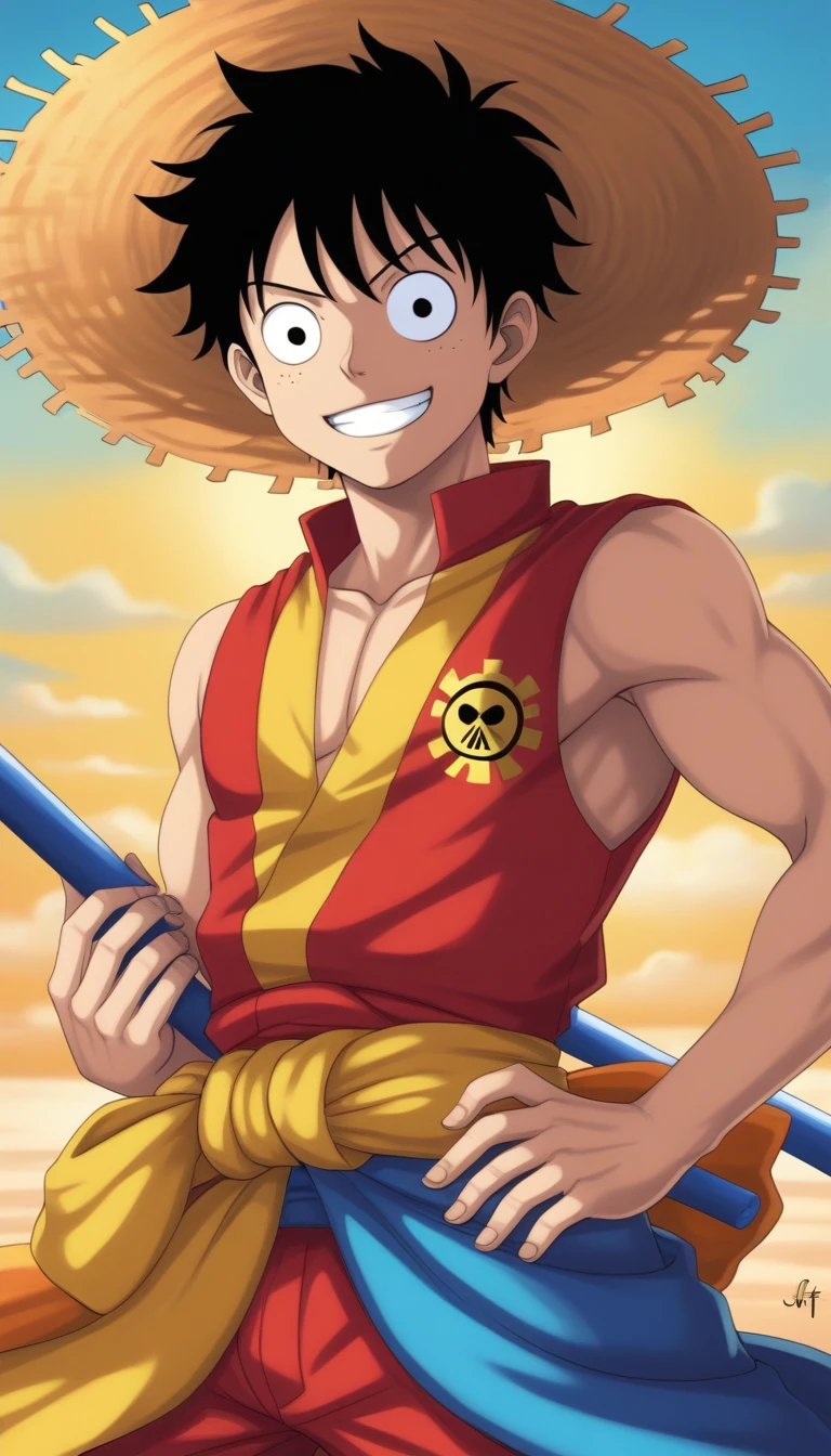 Monkey D. Luffy: The energetic captain of the Straw Hat Pirates.uffy: Dressed in a vibrant Indian dhoti and kurta.
The dhoti should be a playful color that reflects his personality, like orange or red.
The kurta can be white or a light contrasting color, with simple embroidery or patterns.
Add a playful detail like a colorful sash tied around his waist or a traditional Indian headwrap.