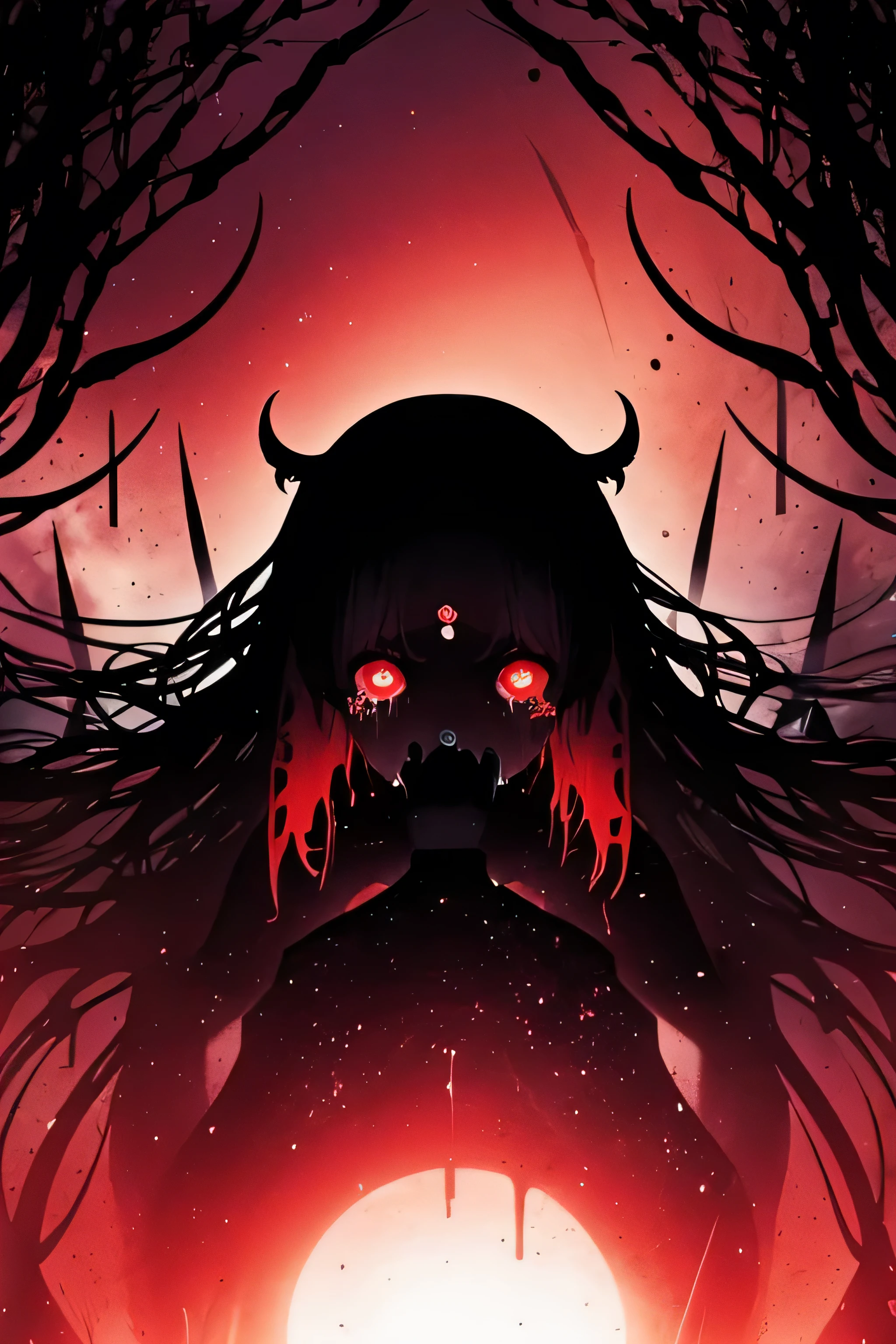 (The whole body is a shadow),(black skin)1girl,screaming expression,long hairstyles,red eyes,gothic ta,wild hair,darkness falls,revenge,hell,hatred,((tears of blood:1.2)),Dark world,despair