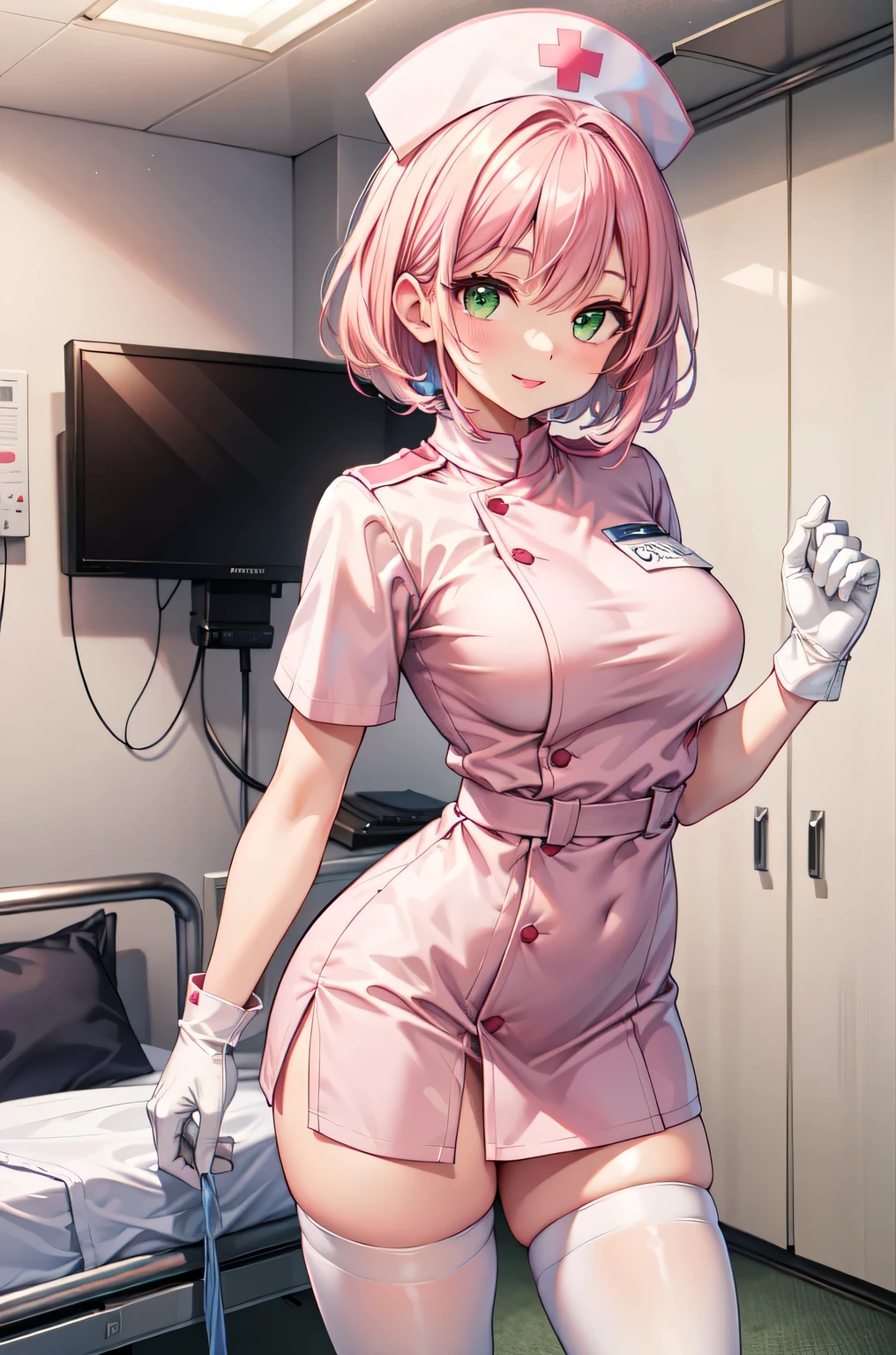 1woman, solo, nurse, white nurse cap, white nurse uniform, ((white legwear, zettai ryouiki)), white gloves, pink hair, green eyes, drooping eyes, pink lips, smile, standing, ((hospital room)), sharp outline, short sleeves, mature female, 32 years old, best quality, masterpiece