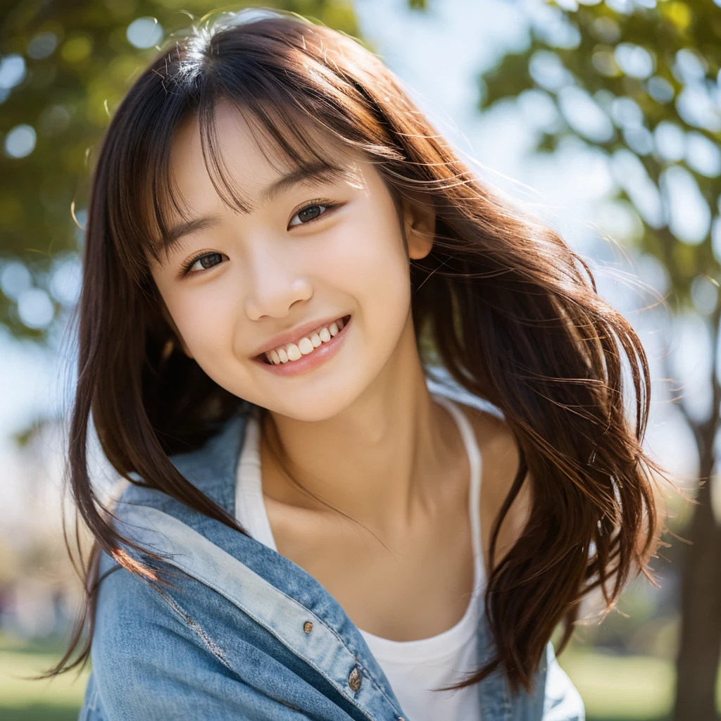 masterpiece,best quality,(Japanese ),((Beautiful girl)),cleavage,(perfect body beauty:1.2),(shy smile),beautiful teeth,(Blurred background of brick buildings),