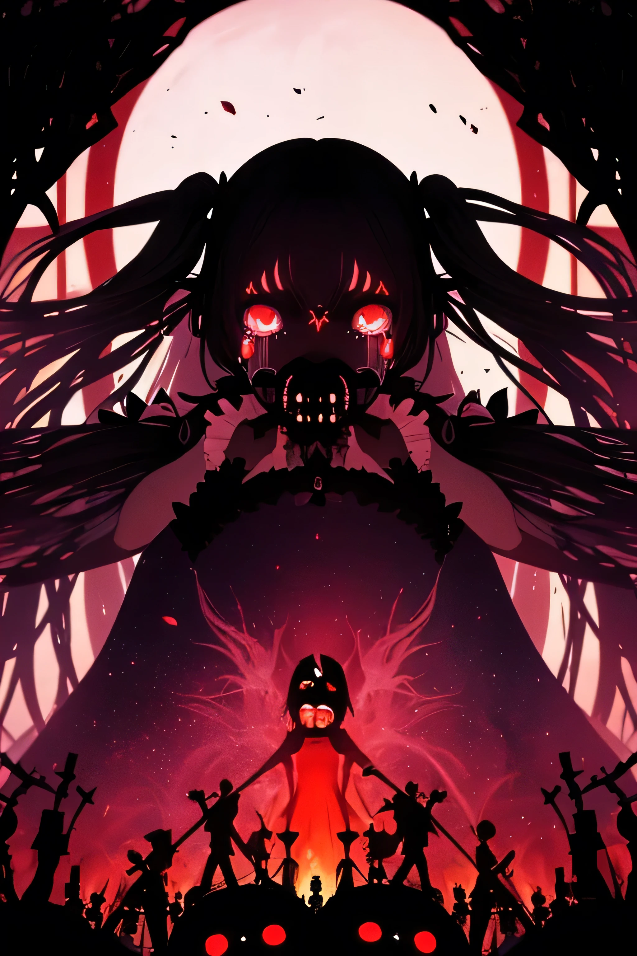 (The whole body is a shadow),(black skin)1girl,screaming expression,long hairstyles,red eyes,gothic ta,wild hair,darkness falls,revenge,hell,hatred,((tears of blood:1.2)),Dark world,despair