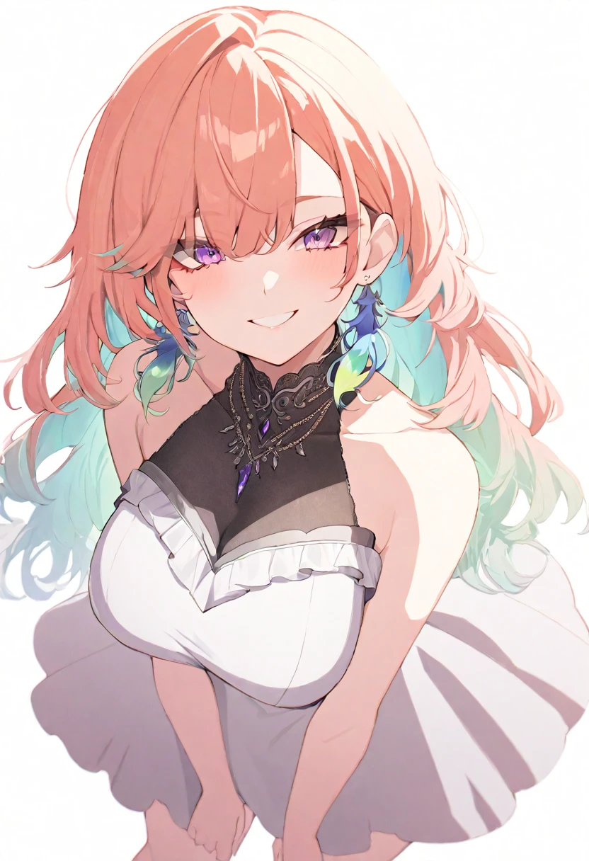 (masterpiece), (best quality), perfect face, beautiful girl, white background background, delicate and beautiful face and eyes, dark intense shadow, 
1 girl, vtuber style, cool girl, ho****ve, TakanashiKiara, colored inner hair, gradient hair, long hair, feather earrings, Gorgeous evening dress Ruffles dress, lace, necklace, big chest, cropped shoulders, clavicle, winking, smile, bare feet, chest visible through clothes, ass visible through thighs, (full body), looking at viewer, standing, 