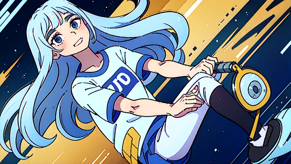 maximum quality, alta qualidade de imagem, Obra de arte, garota ruiva com mechas azuis, com um lindo sorriso, olhos castanhos vestindo uma camiseta cinza, uma jaqueta azul marinho, e calca cinza boca de sino, em uma cidade tecnologica, estilo cartoon,