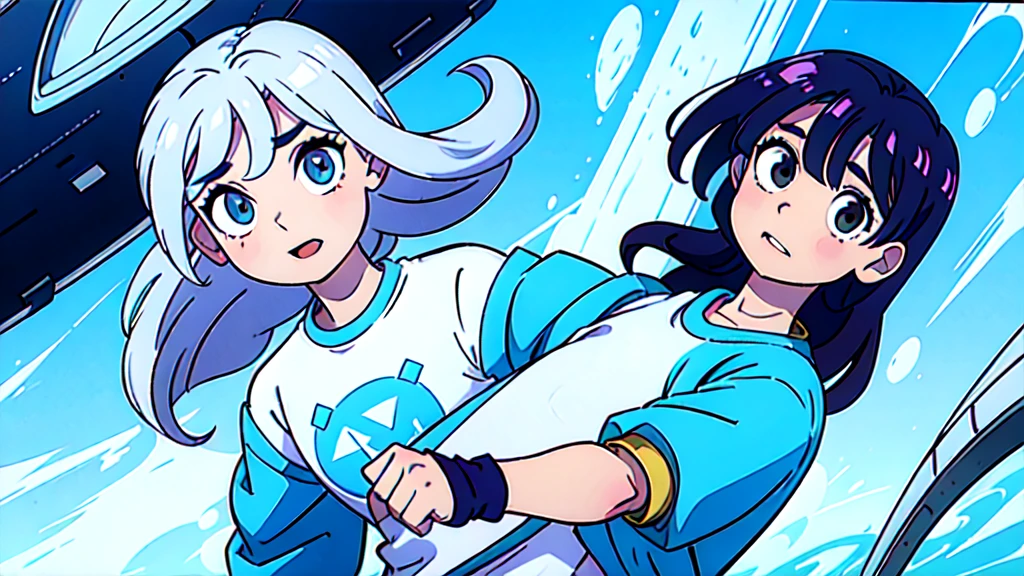 maximum quality, alta qualidade de imagem, Obra de arte, garota ruiva com mechas azuis, com um lindo sorriso, olhos castanhos vestindo uma camiseta cinza, uma jaqueta azul marinho, e calca cinza boca de sino, em uma cidade tecnologica, estilo cartoon,