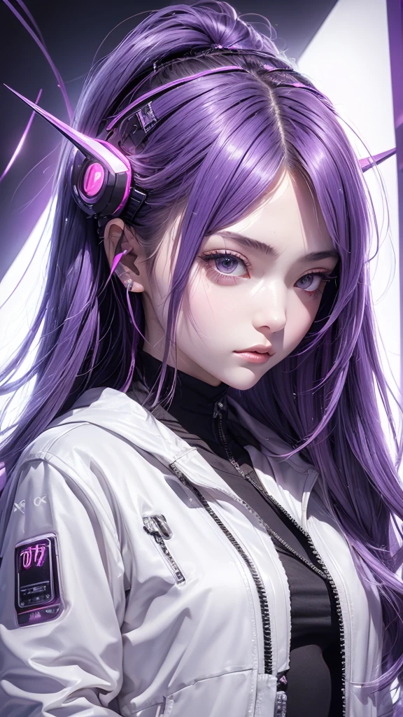 Girl, long soft purple hair, gray eyes, sharp features, headphone, white skin, smooth and delicate, cherry lips, jacket cyberpunk, upper body, white background. 