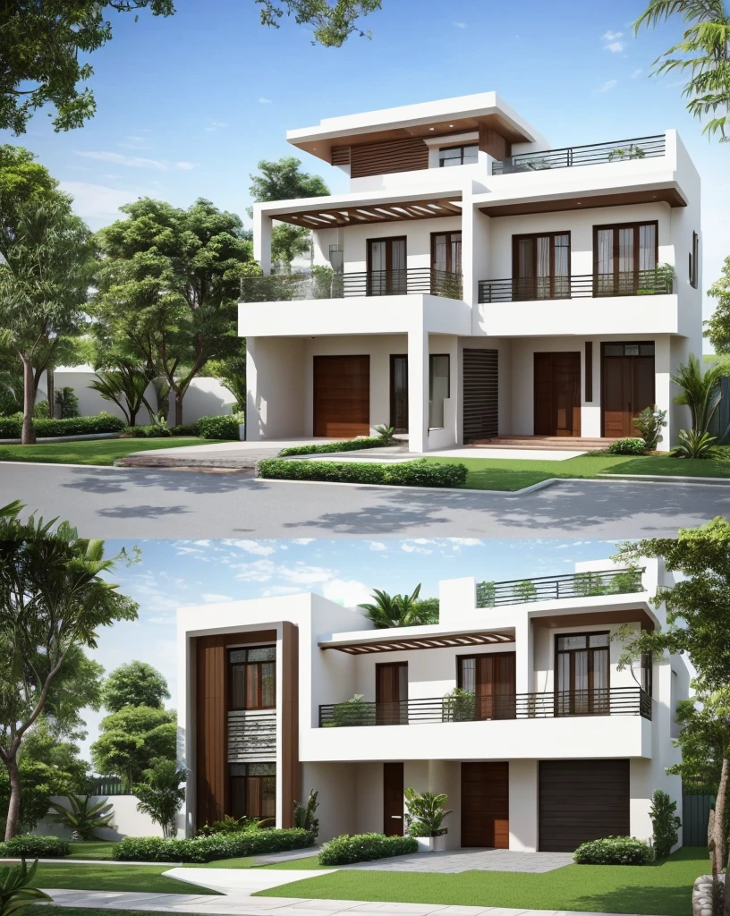 On a beautiful day, a modern townhouse, Vietnamese townhouse style, 3 floors, 1 tum, with a balcony planted with trees, and a small yard in front of the house. In front of the house there is a path. Vray drawing style, modern and natural layout, meticulous design, moderate brightness, in front of the house there is a high gate. Add the orange BM Home branding in a logical position