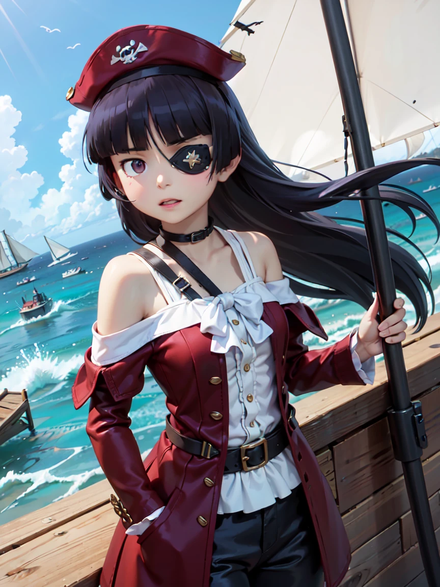 (Eye patch), One Girl, Hime cut, (ruri gokou), Against the backdrop of rough seas、Female pirate captain standing strong on the deck of her ship。彼女はEye patchをつけており、Has a confident look on his face。A scene featuring hair blowing in the wind and a skull pirate flag.。
, pirate, pirate hat, deck, coat, bare shoulder, 